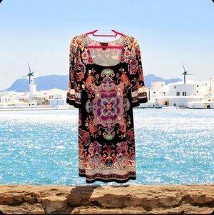 TRULLI dress pheasant colorful bell sleeves size 16 black pink blue colo…